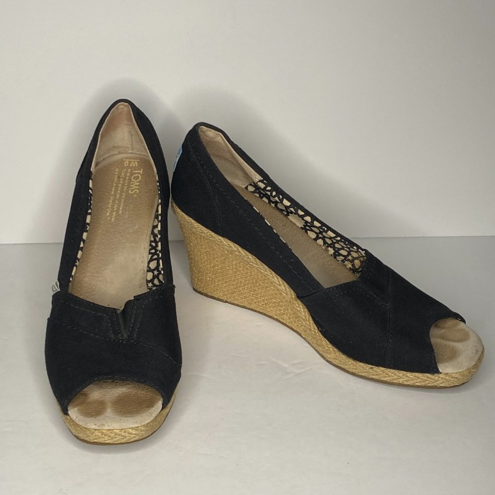 Toms Black Peeptoe Canvas Wedges Size 9